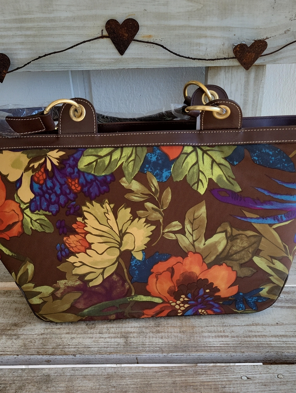 Maxx New York Brown Floral Canvas Large Bag with Multicolor Blooms